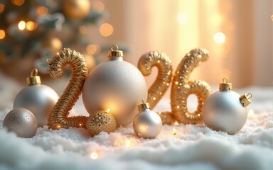 Fototapeta premium Merry Christmas and Happy New Year 2026 greeting with elegant floating gold and silver ornaments. High quality