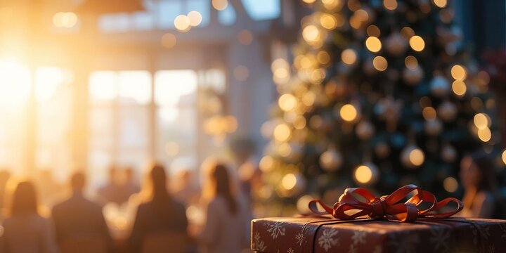 Close-up of a christmas gift at a dinner party with blurred people in the background