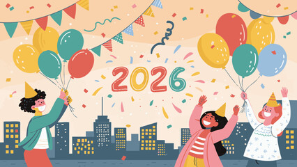 2026 New Year Party Celebration with Balloons, Confetti, and City Night Background