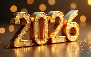 A scene featuring the year 2026 in bold, golden 3D letters with a sparkling, reflective surface. Happy New Year, Happy New Year 2026, Merry Christmas And Happy New Year. High quality