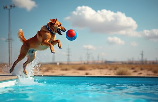 Energetic dog jumps into pool mid air to catch ball. Doggy swims and splashes in blue water, plays fetch with owner during summer. Canine retrieves toy with focus.