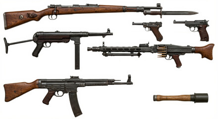 Individual weapons of German soldiers during WWII, isolated on a white background