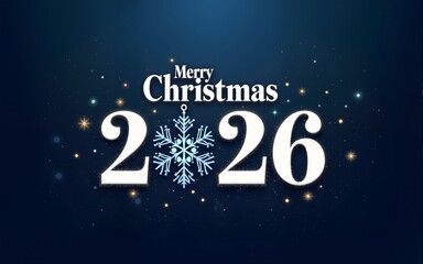 Merry Christmas 2026 greeting text with stardust snowflake design on dark navy blue background for holiday card and winter season celebration. High quality