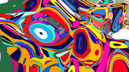 Funky liquid shapes seamless pattern - abstract colorful blobs, drops and splashes forms in psychedelic 60s style on groovy background. Wavy trippy colour curves, fluid retro design texture.