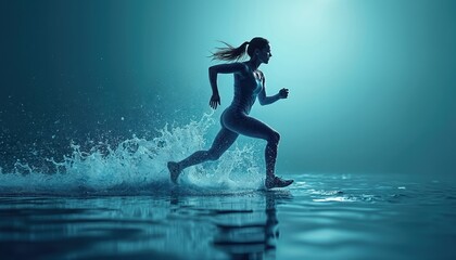 Female athlete runs on water creating splash. Woman in motion, healthy lifestyle. Sporty girl running with water reflection, blue color background. Concept for sport theme, hydro power innovation.