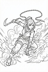 Fototapeta premium Female ninja action coloring page with kusarigama weapon amidst exploding smoke clouds
