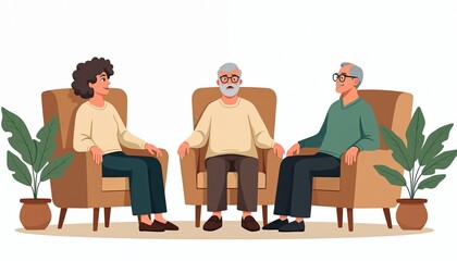 Elderly people while seated in armchairs. A woman sits with two older men, discussing matters comfortably in a room with potted plants. They appear relaxed and engaged in conversation.