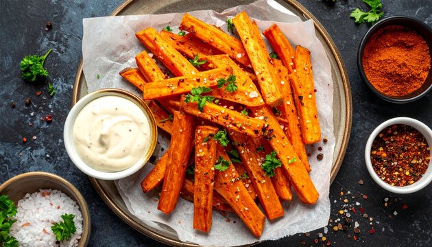 Bird, s, eye view of homemade sweet potato fries with a variety of spices and a side of dipping sauce