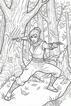 Fierce female ninja coloring page using metal claws weapon in forest with scratch marks