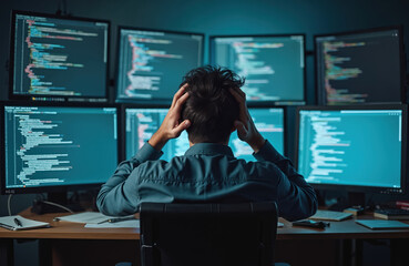 Stressed male programmer sits at desk, hands on head. Stares at multiple computer screens showing complex code. Developer faces difficult tech problem. Feels pressure from project deadline, working