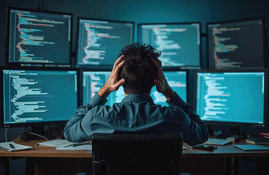 Stressed male programmer sits at desk, hands on head. Stares at multiple computer screens showing complex code. Developer faces difficult tech problem. Feels pressure from project deadline, working