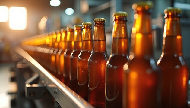 Brown beer bottles move along conveyor belt in modern brewery. Automated bottling line fills full drinks, capped, ready for packaging. Efficient industrial process ensures quality alcohol production