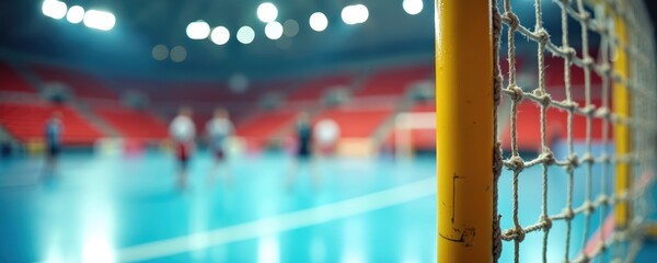 Close up on handball net and goal post. Blurred athletes play court game in bright indoor stadium arena. Action unfolds behind goal. Spectators watch match.