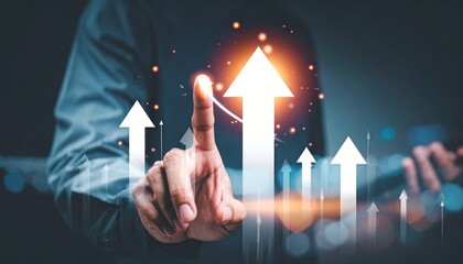 Business growth concept with hand pointing at upward trend represented by glowing arrows, image conveys motivation and success in achieving goals