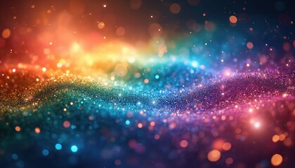 Fototapeta premium Abstract glitter explosion with vibrant rainbow colors. Sparkling particles drift, swirl creating dynamic, illuminated cosmic scene. Festive light bokeh effect adds to magical feel. Use for