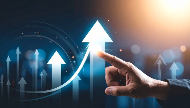 Business growth concept with hand pointing at upward trend represented by glowing arrows, image conveys motivation and success in achieving goals