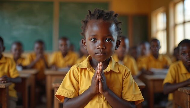 Young african child prays with hands together in classroom. Other kids in yellow shirts sit at desks behind, looking forward. Hopeful future learning, education for youth.