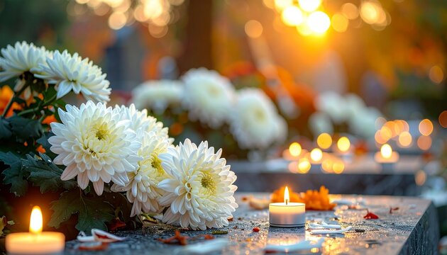 Chrysanthemum flowers and candles commemorating loved ones on grave