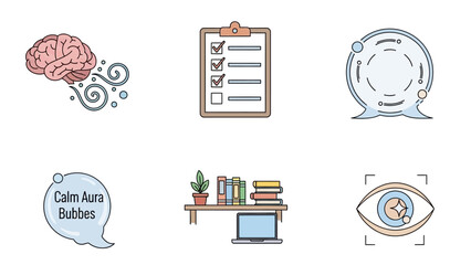 A collection of six icons representing mental well-being, organization, communication, relaxation, study, and focus.