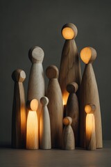 Luminous Wooden Figures - A Glowing Family Sculpture in Warm, Intimate Light.