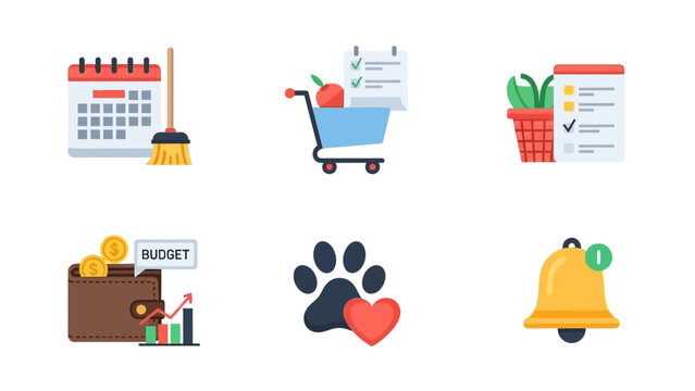 Set of flat icons for daily life management, including chores, shopping, budgeting, and reminders.