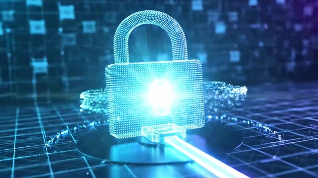A digital padlock constructed of light particles, symbolizing data security and cyber protection