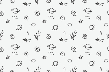 Hand drawn space doodle pattern with stars planets and cosmic elements