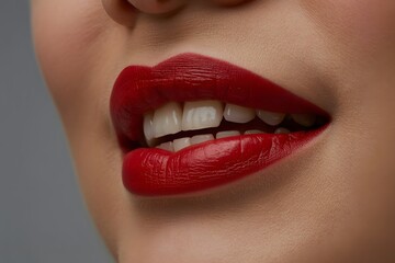 Obraz premium Close-up of glamorous red lips, dazzling white teeth, woman's beautiful smile, vibrant lipstick, beauty, cosmetics, dental health, sensuality, confident.