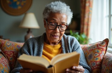 Elderly Black woman with grey hair wearing glasses reads book comfortably on sofa. She wears a yellow sweater and grey cardigan, smiling gently. Peaceful indoor scene, home lifestyle, leisure.