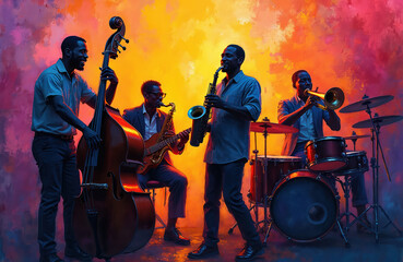 Fototapeta premium African American jazz band performs music on stage with bass guitar saxophone trumpet drums. Musicians jam, create soulful melodies and vibrant rhythm, full of energy and passion.