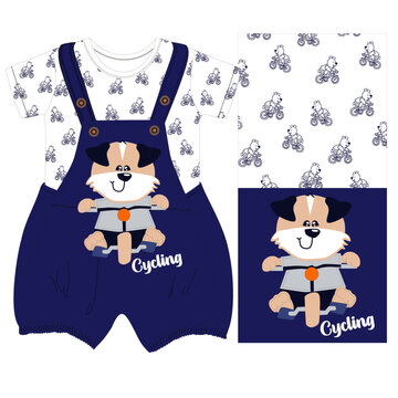 boys  dungaree teddy cycling print vector