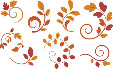 Decorative autumn floral swirls and leaf branches set for corner borders and text dividers pixel art vector illustration design elements