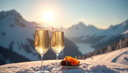 Two glasses of champagne sit on snow covered table with orange slices and candy. Majestic mountains and bright sun create a picturesque winter scene. Perfect for holiday celebrations.