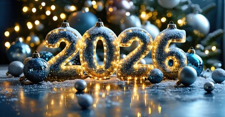 Fototapeta premium Festive scene depicts illuminated numbers 2026 surrounded by ornaments. Background features blurred Christmas tree lights, creating warm glow.