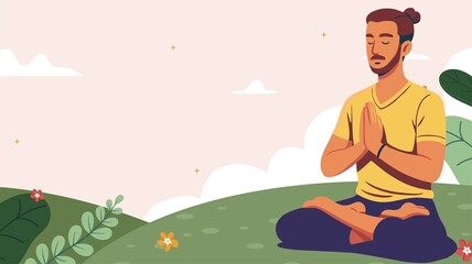 Calm Young Man Meditating Outdoors in Nature 