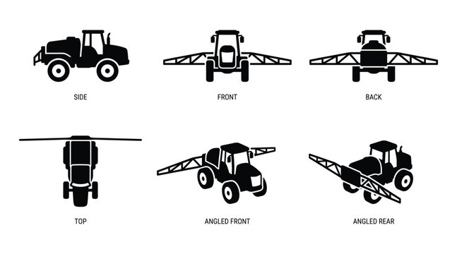 Silhouetted Tractor Sprayer Views: Side, Front, Back, Top and Angled