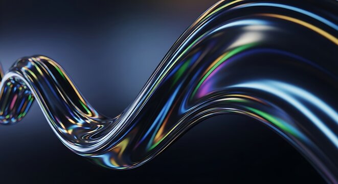 Abstract metallic wave with vibrant iridescent reflections and a dark gradient background creating a futuristic and modern digital art piece