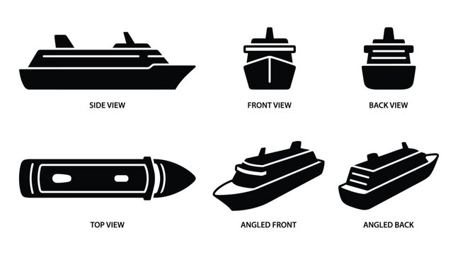 Cruise ship in different views, illustration, nautical vessel outline