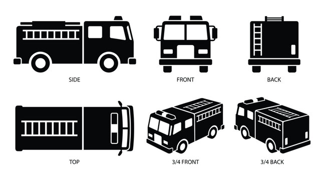 Fire Engine Truck Silhouettes: Detailed Vector Views for Design Projects