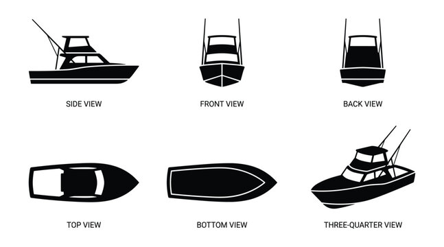 Detailed silhouette illustrations of a sport fishing vessel from various angles
