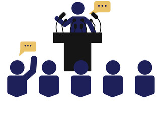 Clean press conference scene with bold silhouette icons. Minimal interview and public speaking theme on a transparent background. Simple modern communication concept.