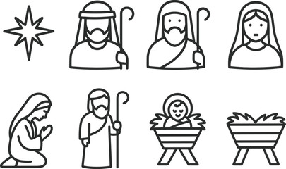 Nativity icons set. Holy family, manger, baby Jesus, Mary, Joseph, Christmas religious outline illustrations