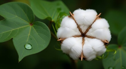 Fluffy white cotton boll with a green leaf and sparkling water droplet, showcasing natural texture and freshness.