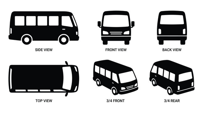 Vector illustration displaying mini bus with multiple views for transport