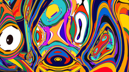 Funky liquid shapes seamless pattern - abstract colorful blobs, drops and splashes forms in psychedelic 60s style on groovy background. Wavy trippy colour curves, fluid retro design texture.