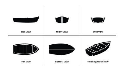Boat technical drawing presenting different perspectives: side, front, back