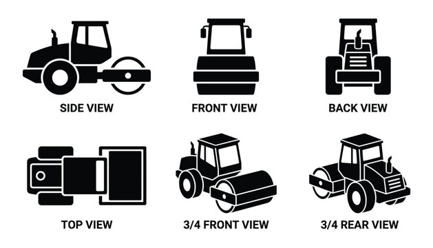 Road Roller Vehicle: Silhouette Views - Front, Back, Side, Top, Perspective