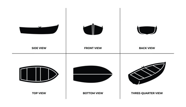 Boat technical drawing presenting different perspectives: side, front, back