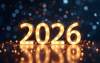 happy new year 2026 countdown clock on abstract glittering midnight sky with copy space, festive party invitation card concept for new years eve. High quality