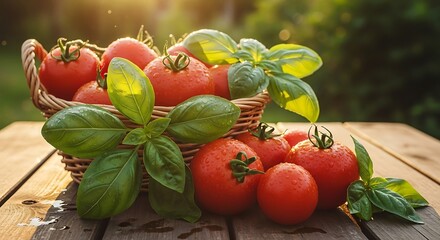 Juicy red tomatoes and fresh basil leaves with water drops, in a wicker basket on a rustic wooden table, bathed in warm sunlight.
